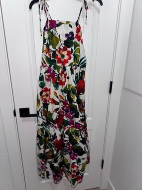 White Floral Tie-Shoulder Maxi Dress with Multicolor Bloom